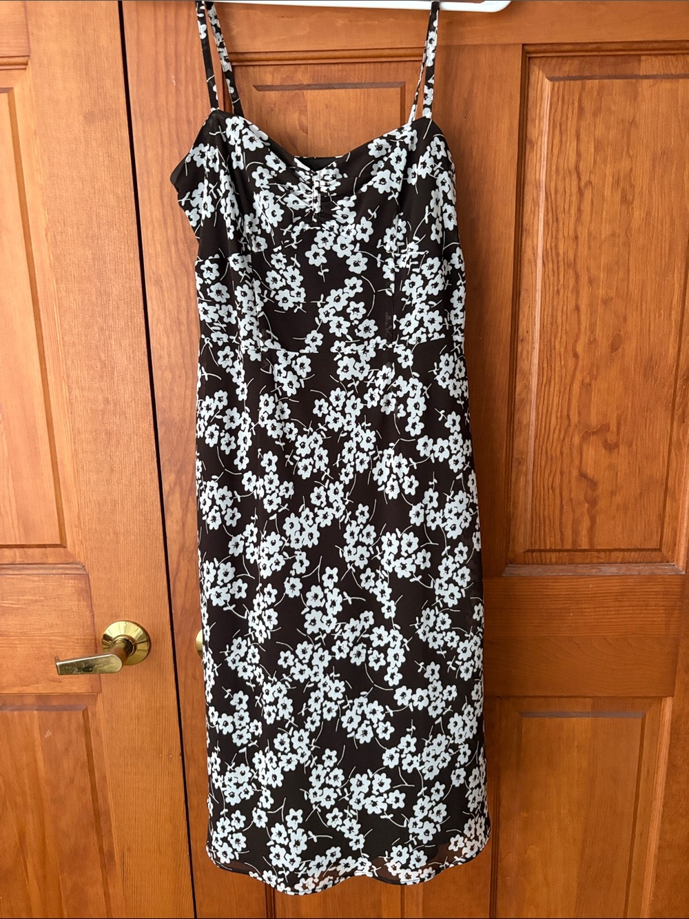LOFT Brown Midi Slip Dress with White Floral Print. Size 2